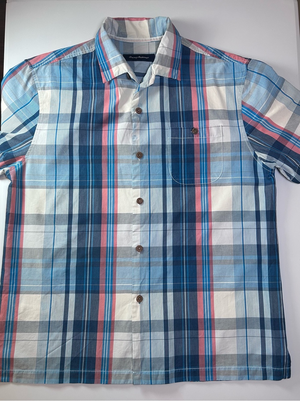 Men's Short-Sleeve Plaid Button-Up Tommy Bahama Shirt - Blue & White